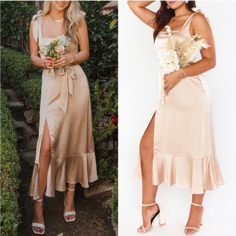 Show Me Your Mumu Claire Midi Dress in Champagne Luxe XS Satin AS IS